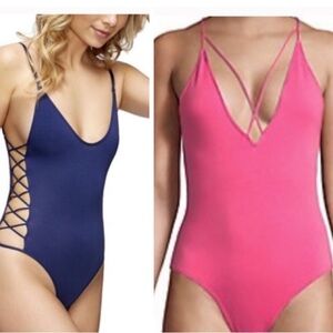 2 Sam Edelman Crisscross Bodysuits M | Pink & Navy Lace-Up One Piece Bundle NWT